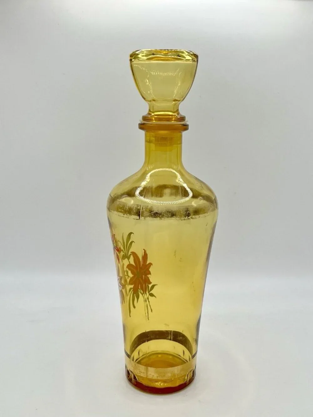 Vintage Mid Century Amber Glass Decanter Floral Bottle Barware MCM Retro Boho